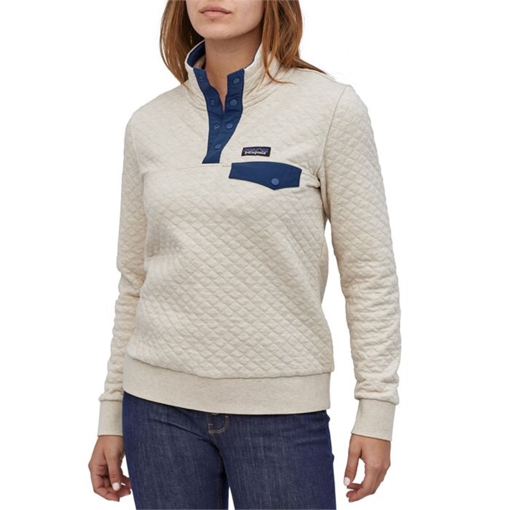 Patagonia Quilted Pullover Sweatshirt in Cream with Navy Trim